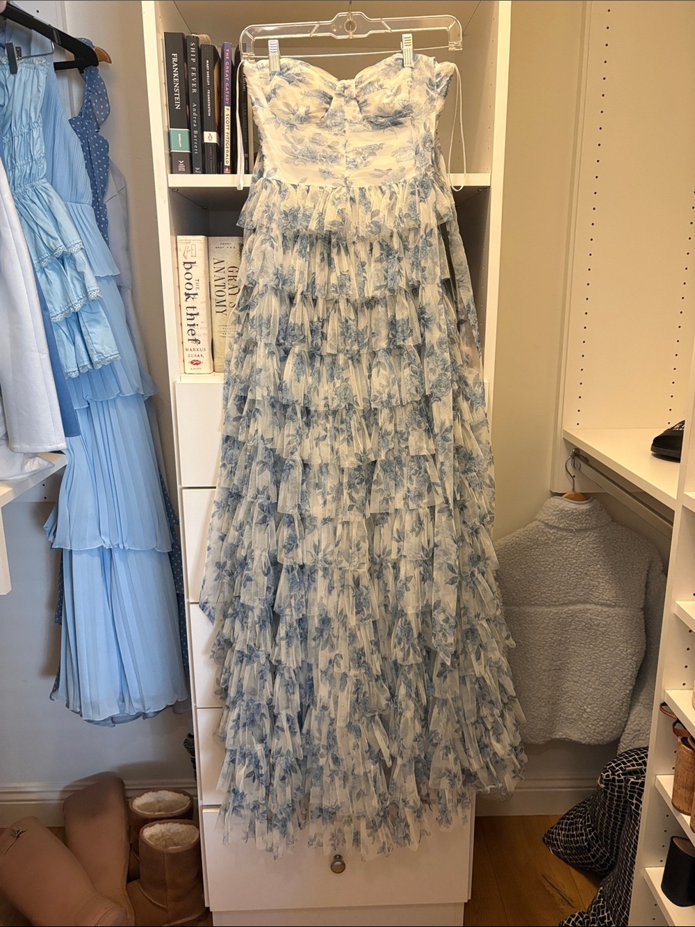 B. Smart Strapless Blue & White Floral Tiered Maxi Dress